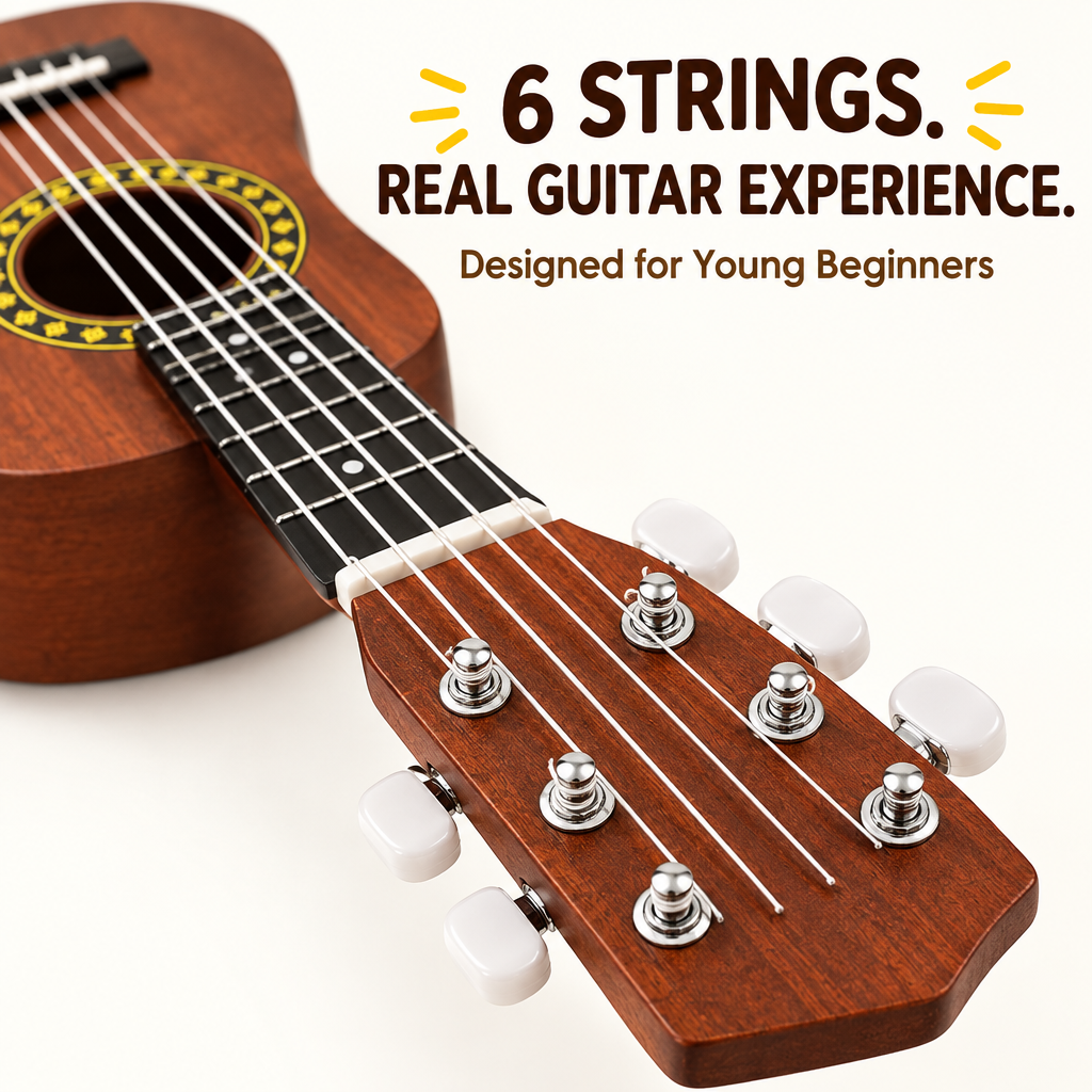 Kids beginner guitar strings and tuning pegs close-up