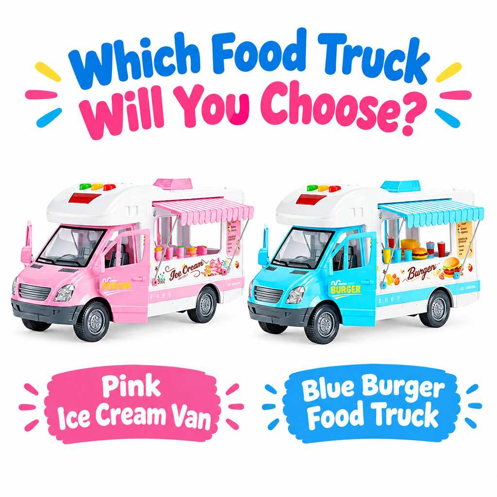 Pink ice cream van and blue burger food truck toy variants shown side by side