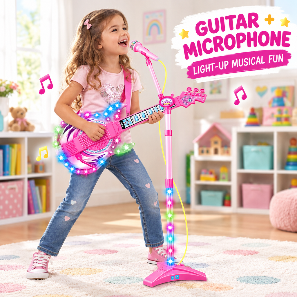 Child singing and playing with a kids guitar and microphone set