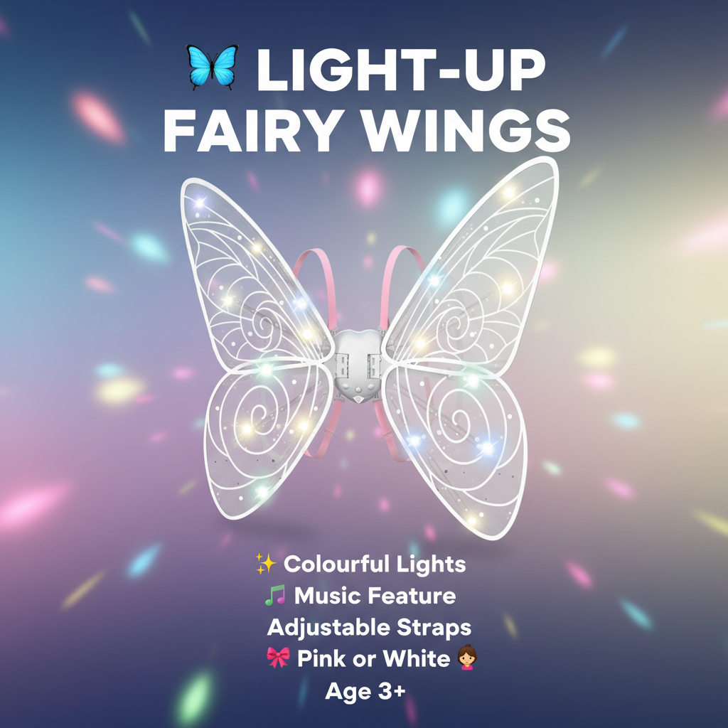 Light-up butterfly fairy wings for kids with colourful lights, music, adjustable straps, Pink or White options, age 3+