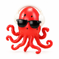 Dancing octopus toy with sunglasses and headphones on white background