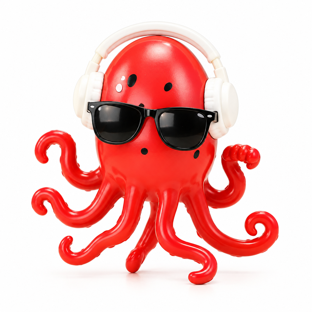 Dancing octopus toy with sunglasses and headphones on white background
