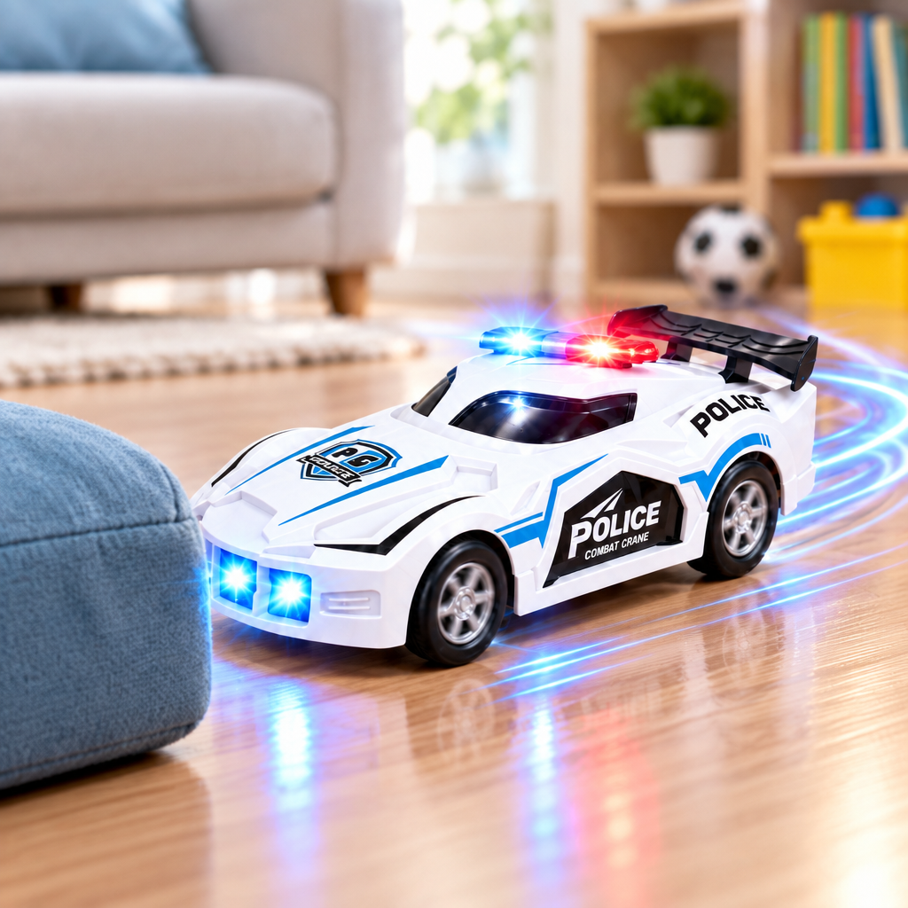 Police toy car approaching an obstacle during bump-and-go play