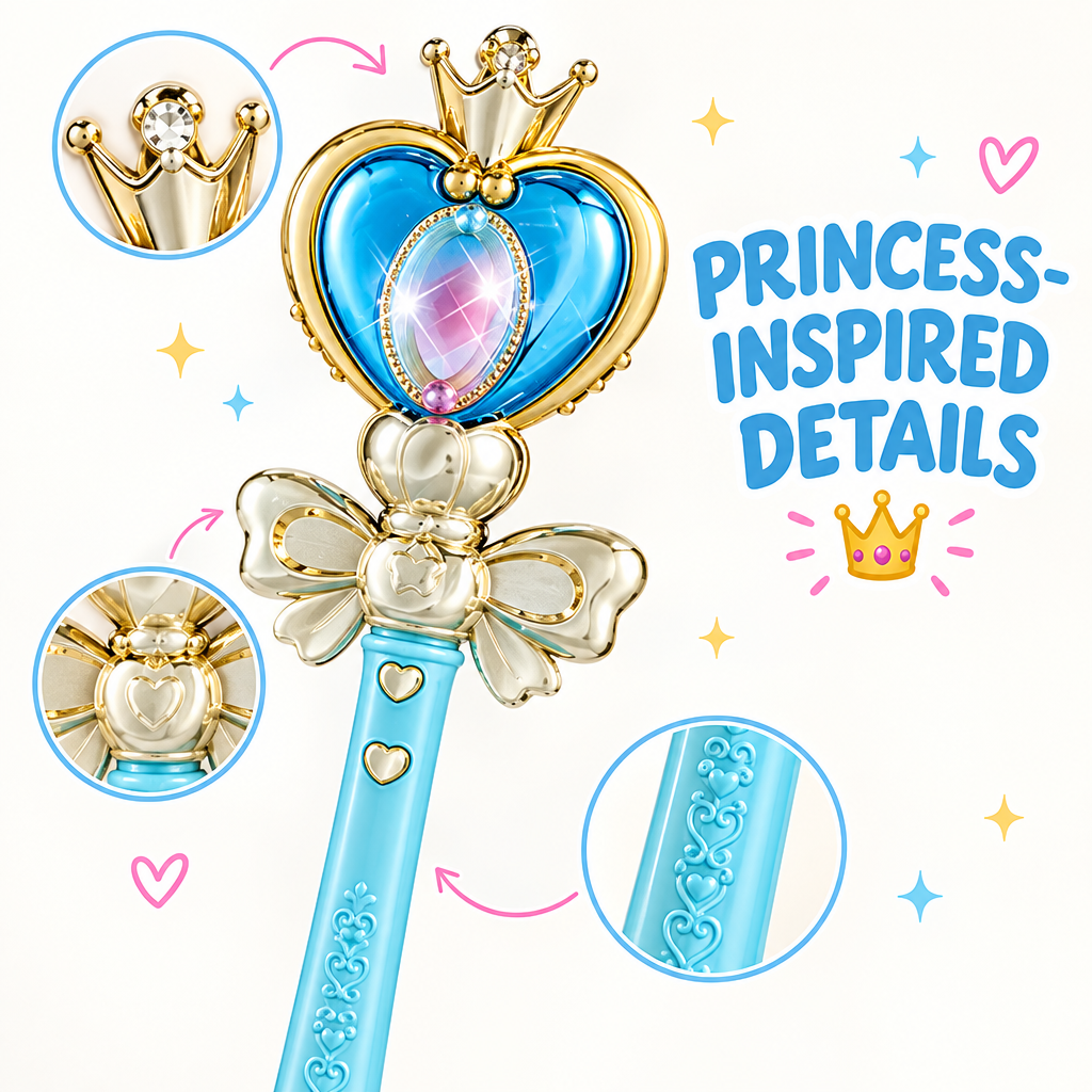 Close-up of princess magic wand heart crown and bow design