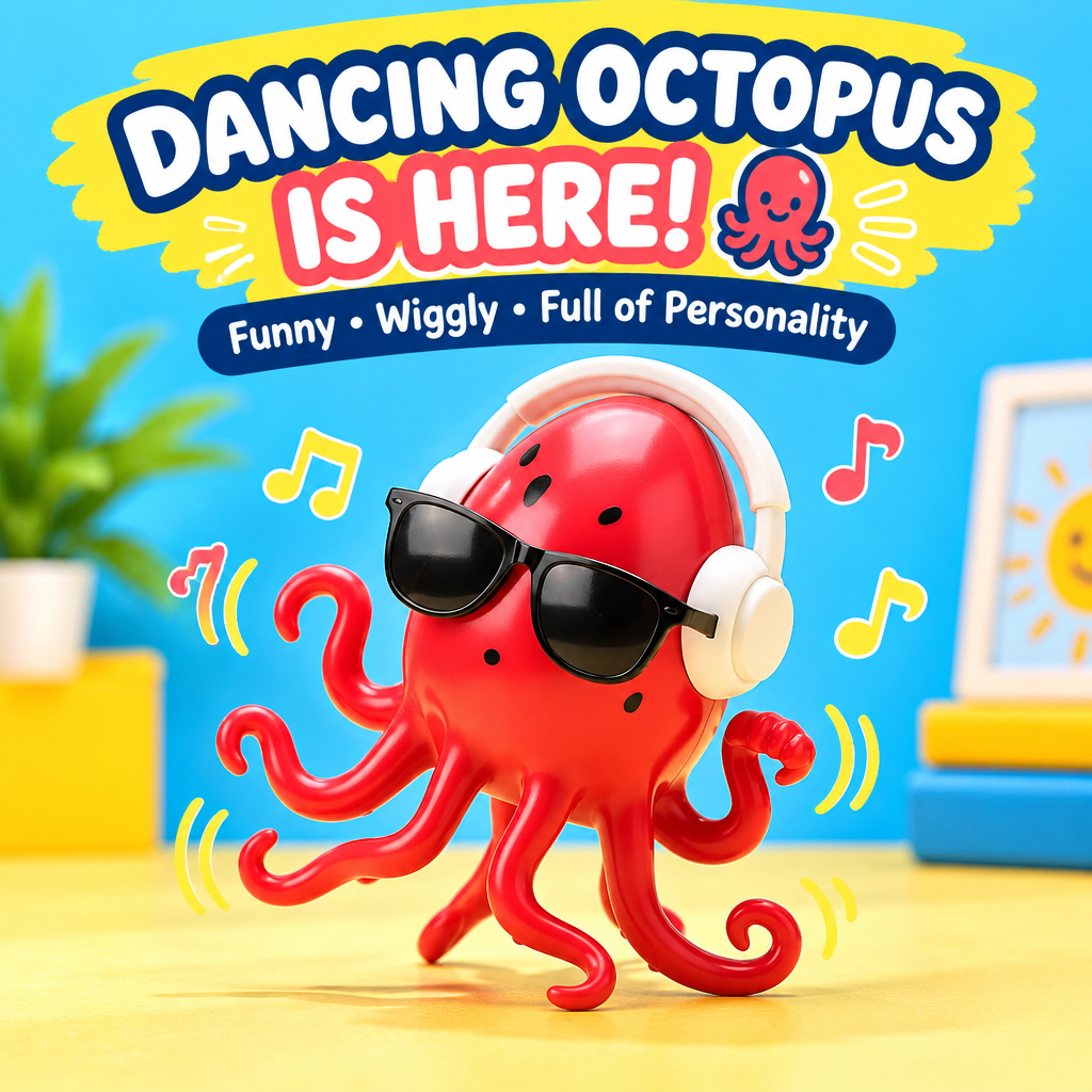 Dancing octopus toy hero photo with sunglasses and headphones