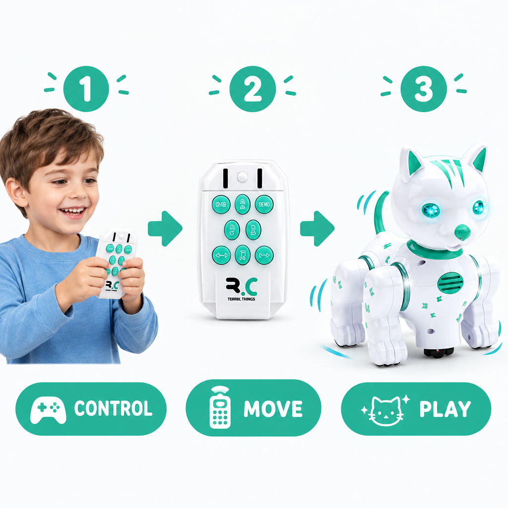Child controlling a moving robot cat with remote controller