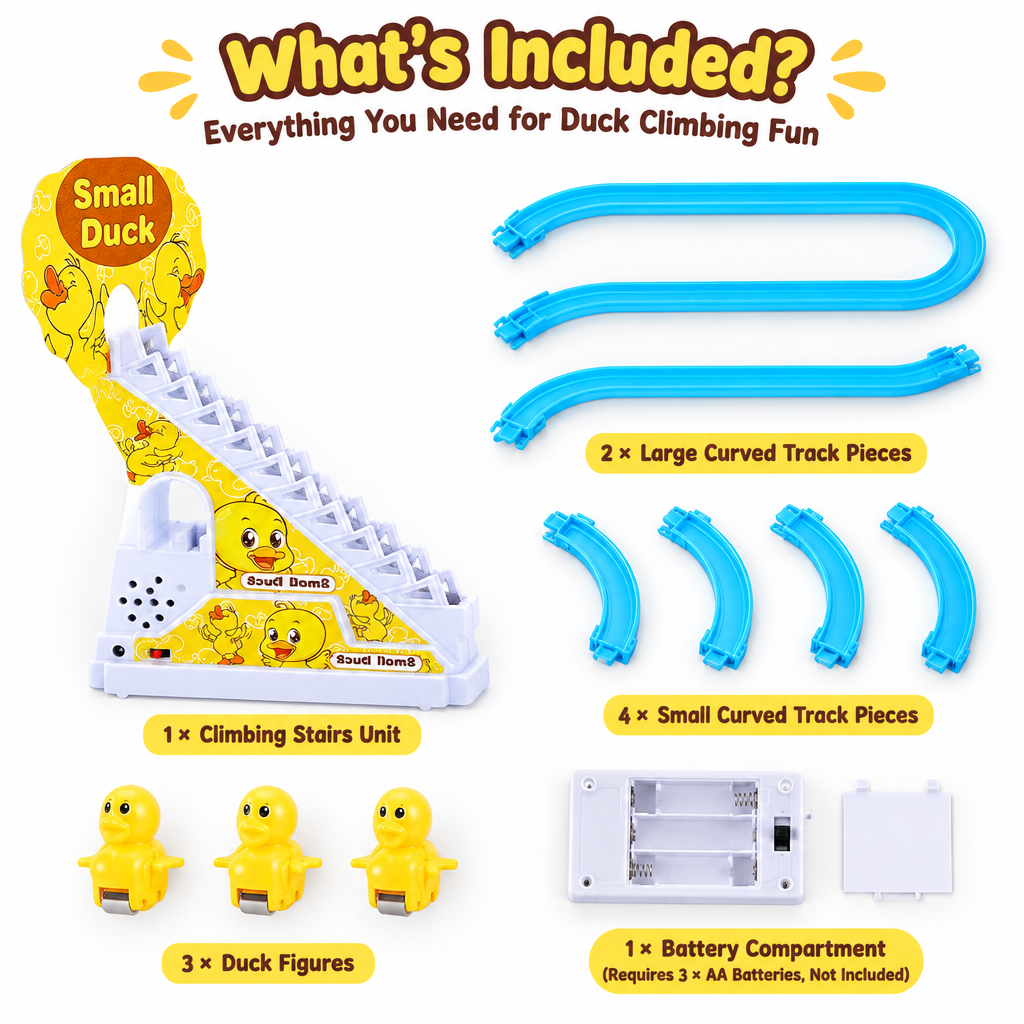 Duck climbing toy set with three ducks, stairs and track pieces