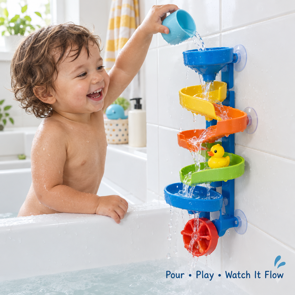 Toddler pouring water into a DIY bath track toy