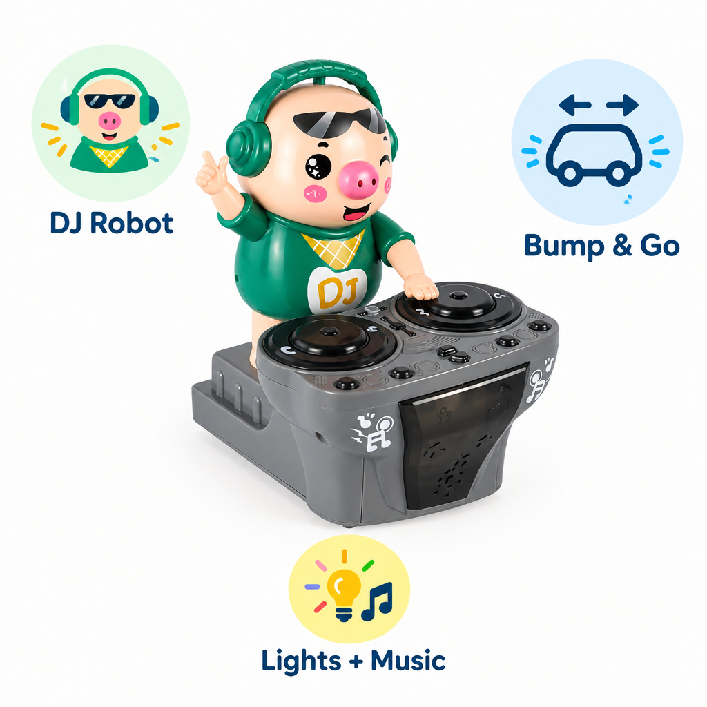 DJ robot car toy features: DJ robot, bump and go, lights and music