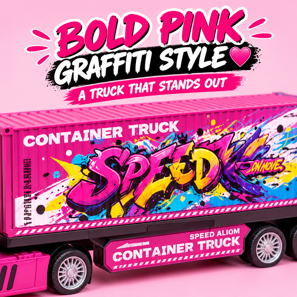 Pink container truck graffiti-style graphics detail