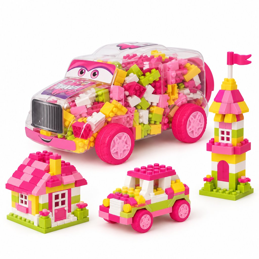 House tower and car creations built with colourful 236-piece building blocks