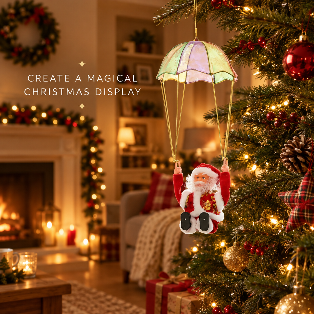 Parachute Santa hanging on a Christmas tree, create a magical Christmas display