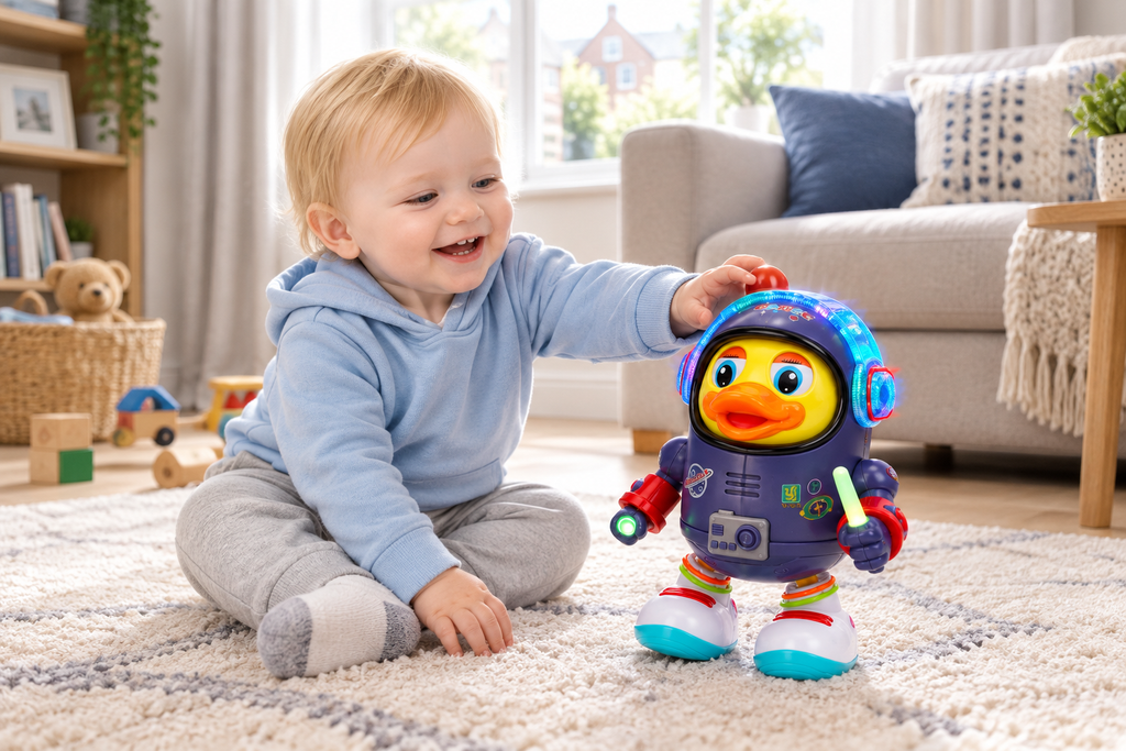 Toddler playing with dancing space duck toy