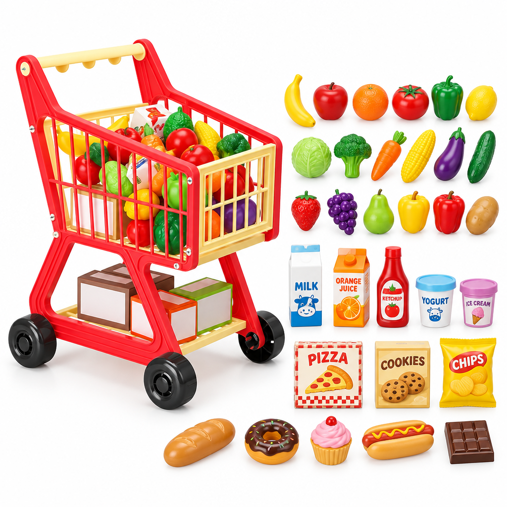 Kids supermarket shopping cart playset with 41 pretend grocery pieces