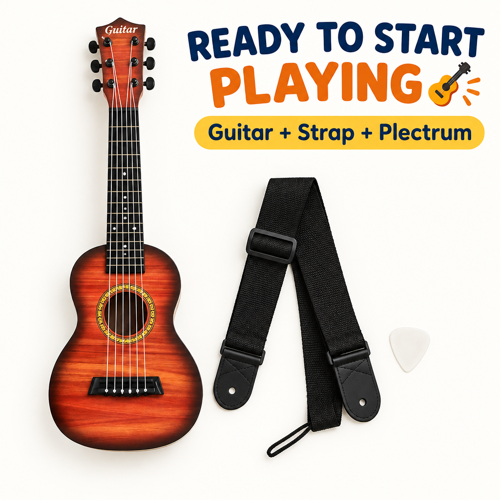 Kids beginner guitar with strap and plectrum flat lay