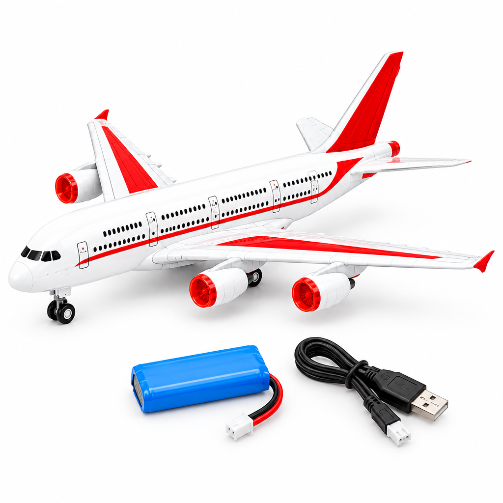 Rechargeable battery and USB cable shown with the RC aeroplane