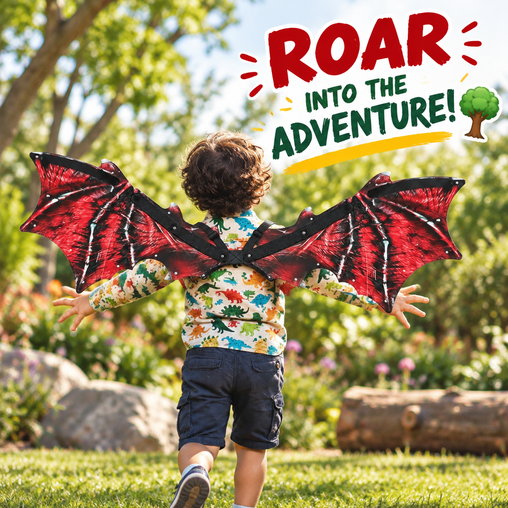 Child wearing dinosaur wings outdoors