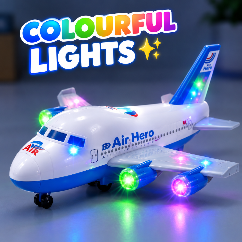 （lights close-up）：Close-up of colourful lights on a moving bump and go toy plane
