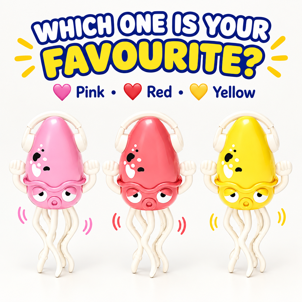 Dancing octopus toy in pink red and yellow colours
