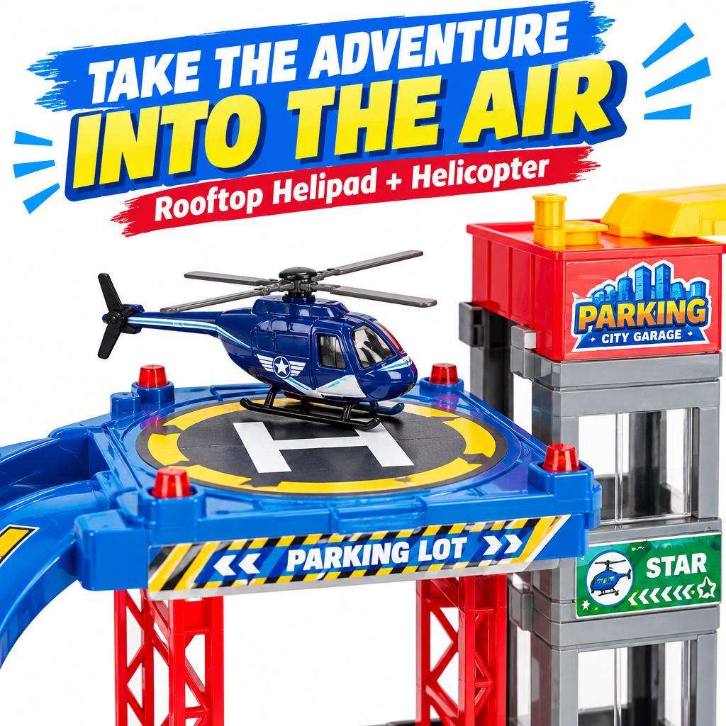 City Parking Garage Playset rooftop helipad and helicopter