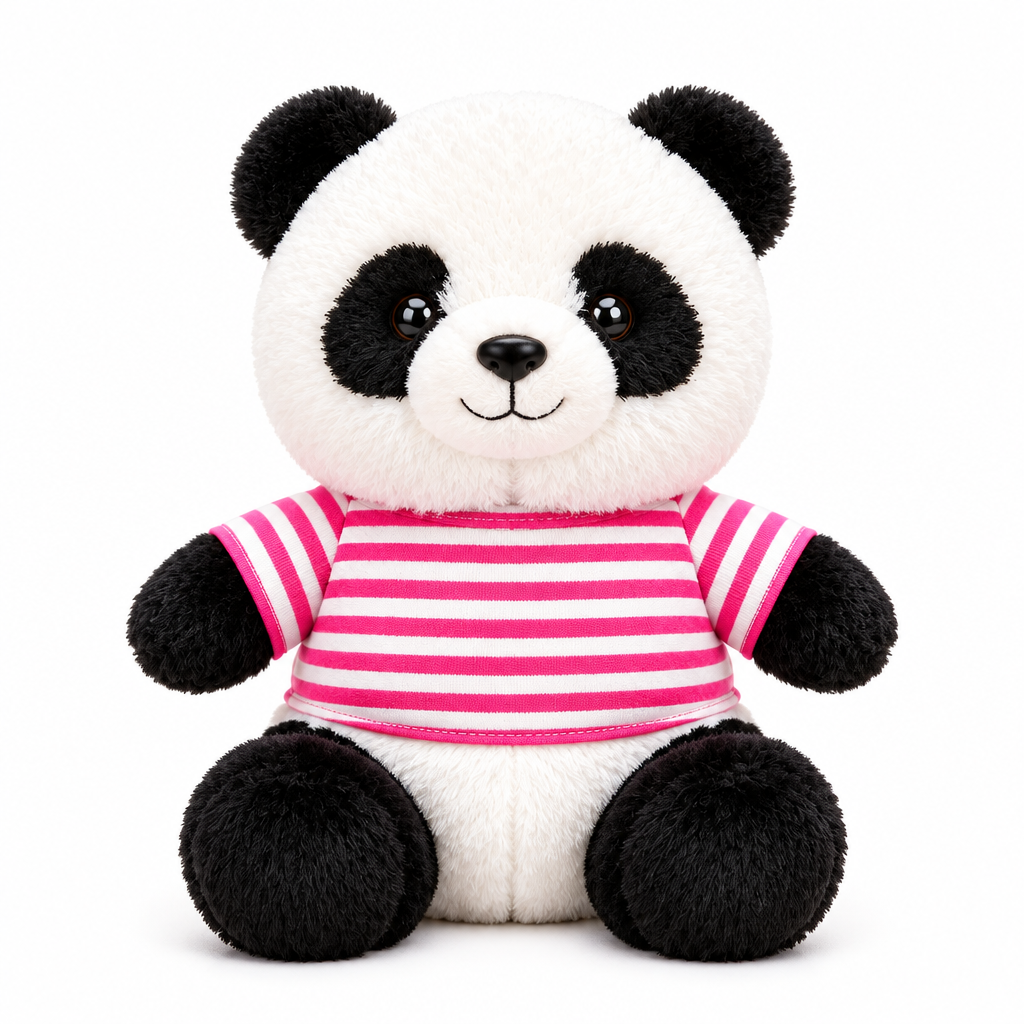 Cute panda plush toy in striped T-shirt on white background
