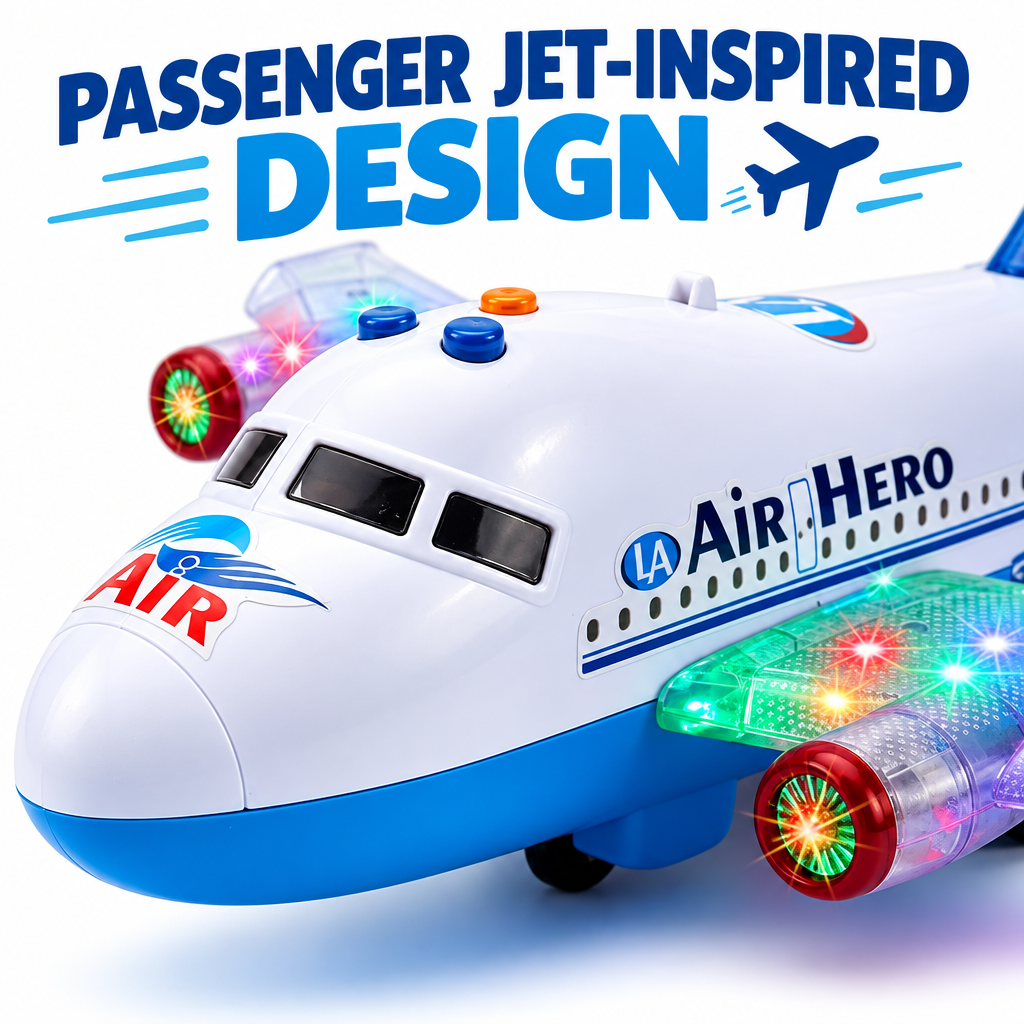 （cockpit and wing design detail）：Passenger jet-inspired toy plane cockpit and wing design detail