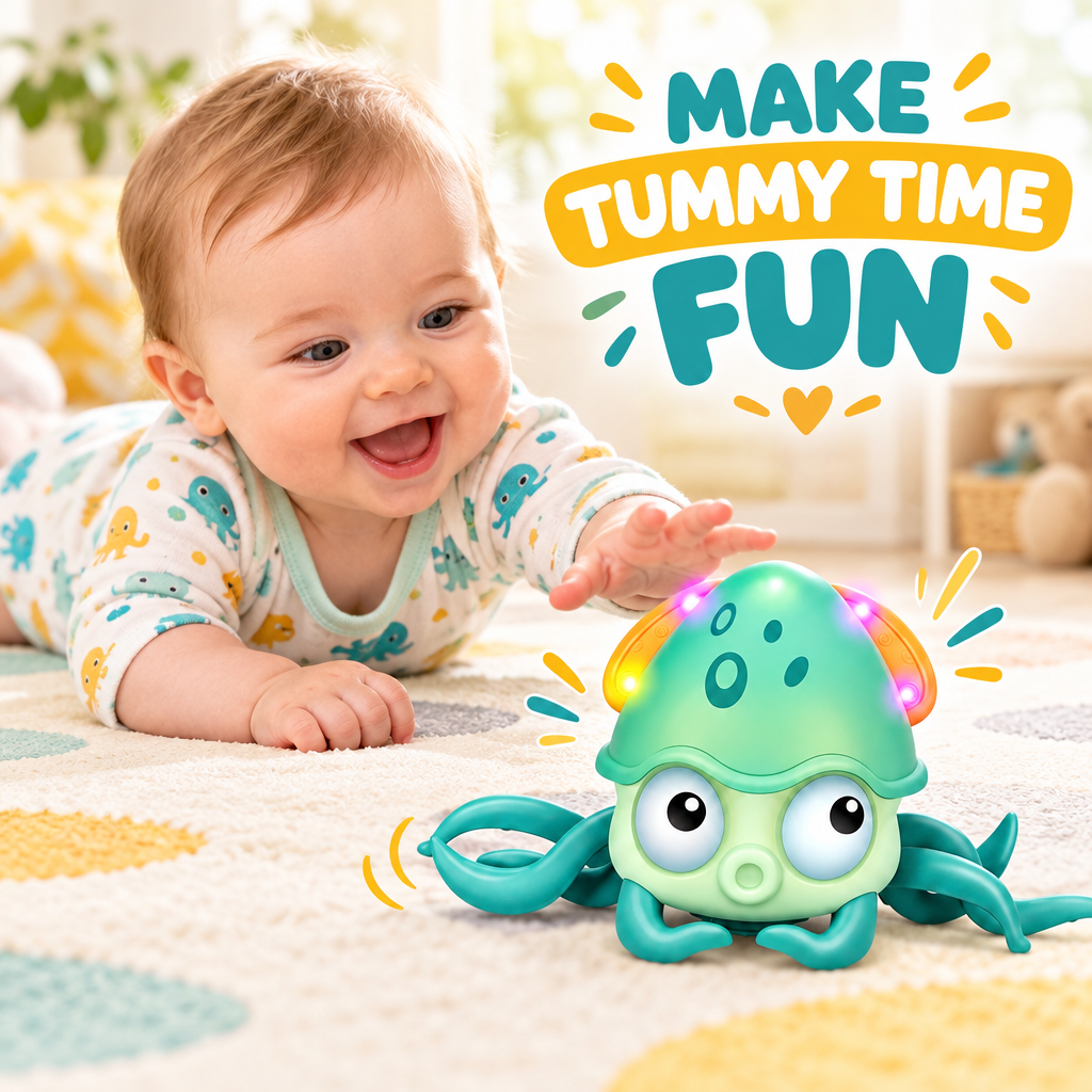 Baby with crawling octopus toy for tummy time