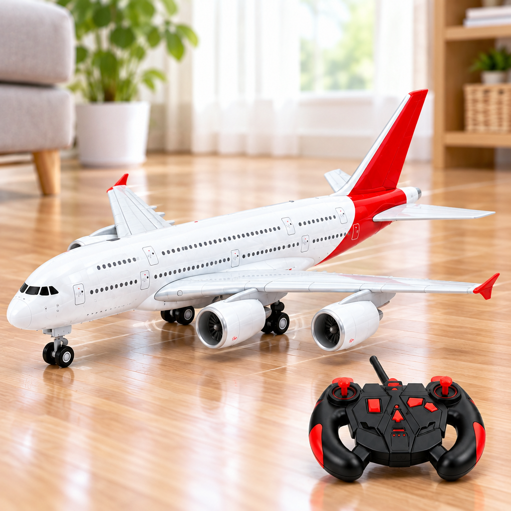 Passenger jet-inspired RC aeroplane rolling across a smooth indoor floor