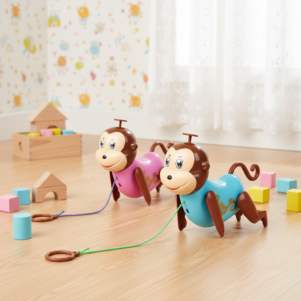 Colourful pull-along monkey toys in a bright children’s playroom