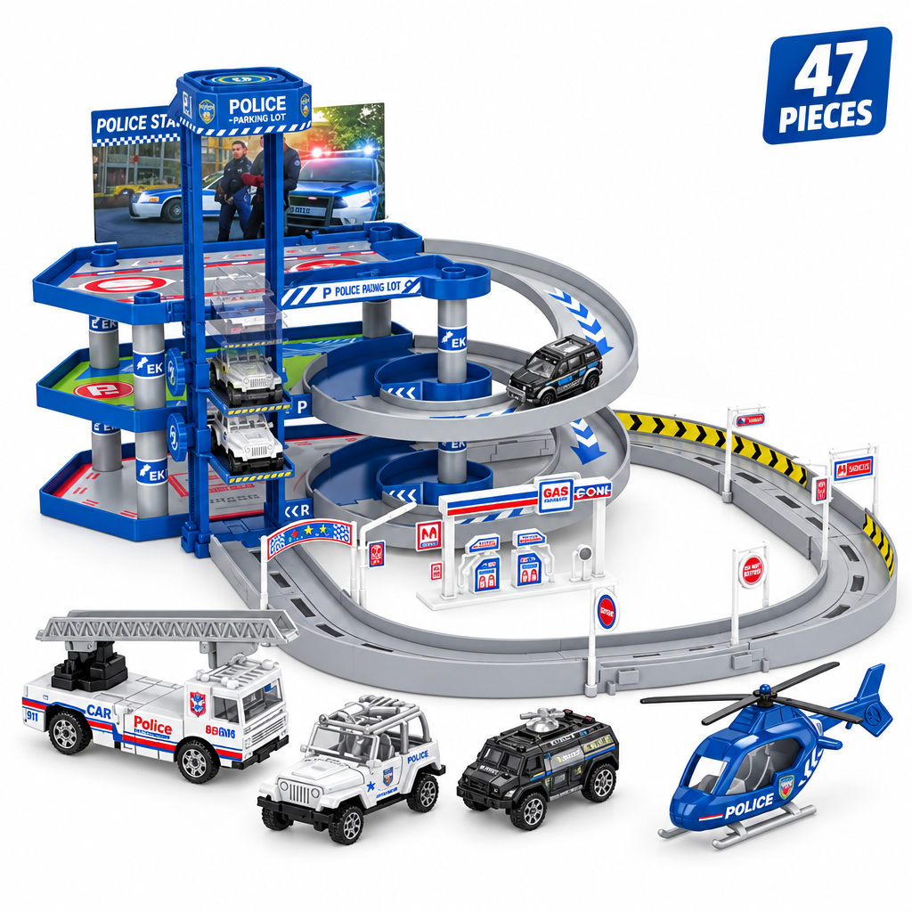 47-Piece Police Parking Garage Playset with cars, helicopter and multi-level garage for kids age 3+