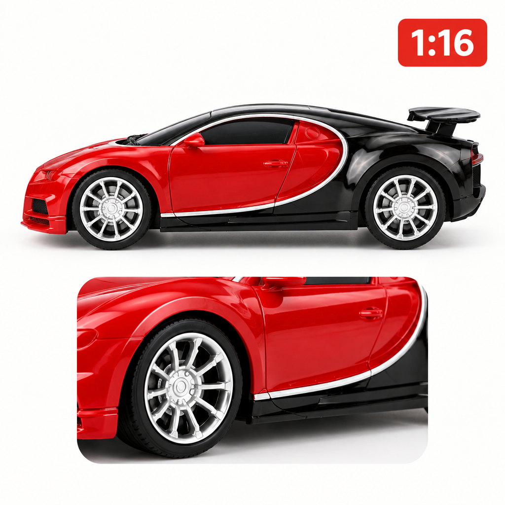 1:16 scale RC sports car showing its body styling and rear spoiler