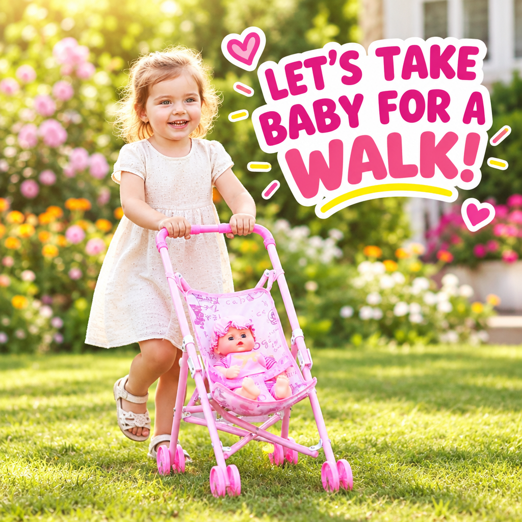 Child pushing kids doll pram lifestyle