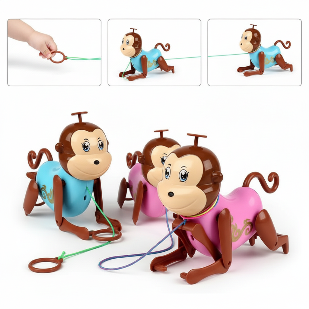 Pull-along monkey toy string and ring handle detail