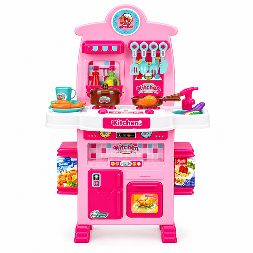 Pink and teal 40-piece kids kitchen playset with toy food and cooking accessories on a white background
