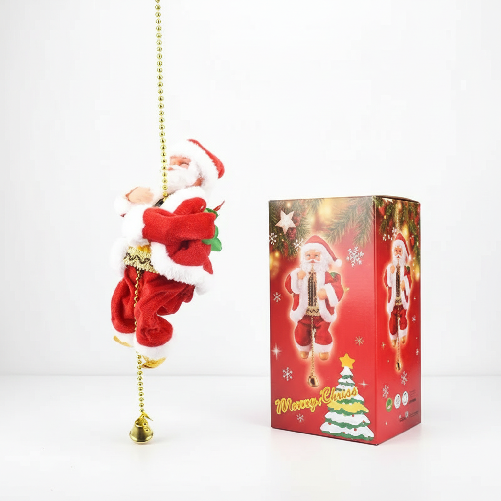 Santa climbing beads Christmas decoration displayed beside festive packaging