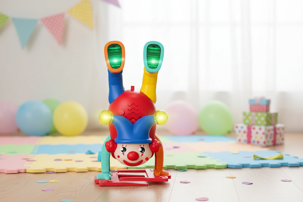 Upside-down walking clown toy performing for children during indoor play