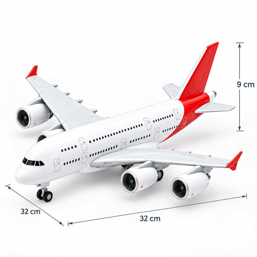 RC aeroplane product dimensions shown as approximately 32 by 32 by 9 centimetres