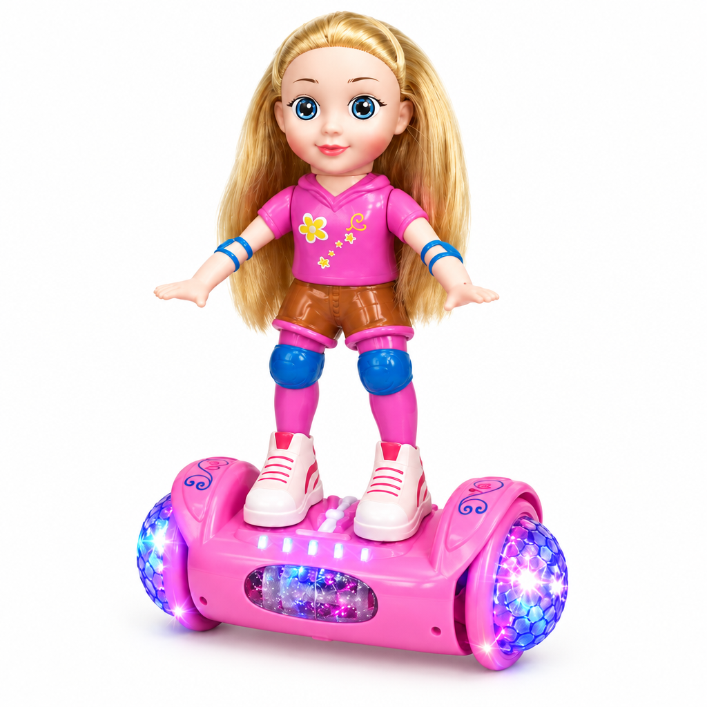Blonde doll in pink floral outfit riding a self-balancing scooter with glowing wheels on a white background