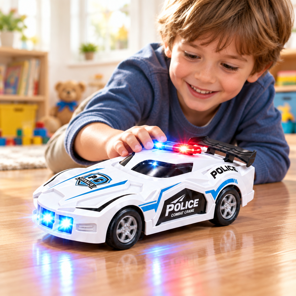 Child playing with Joytot police toy car indoors