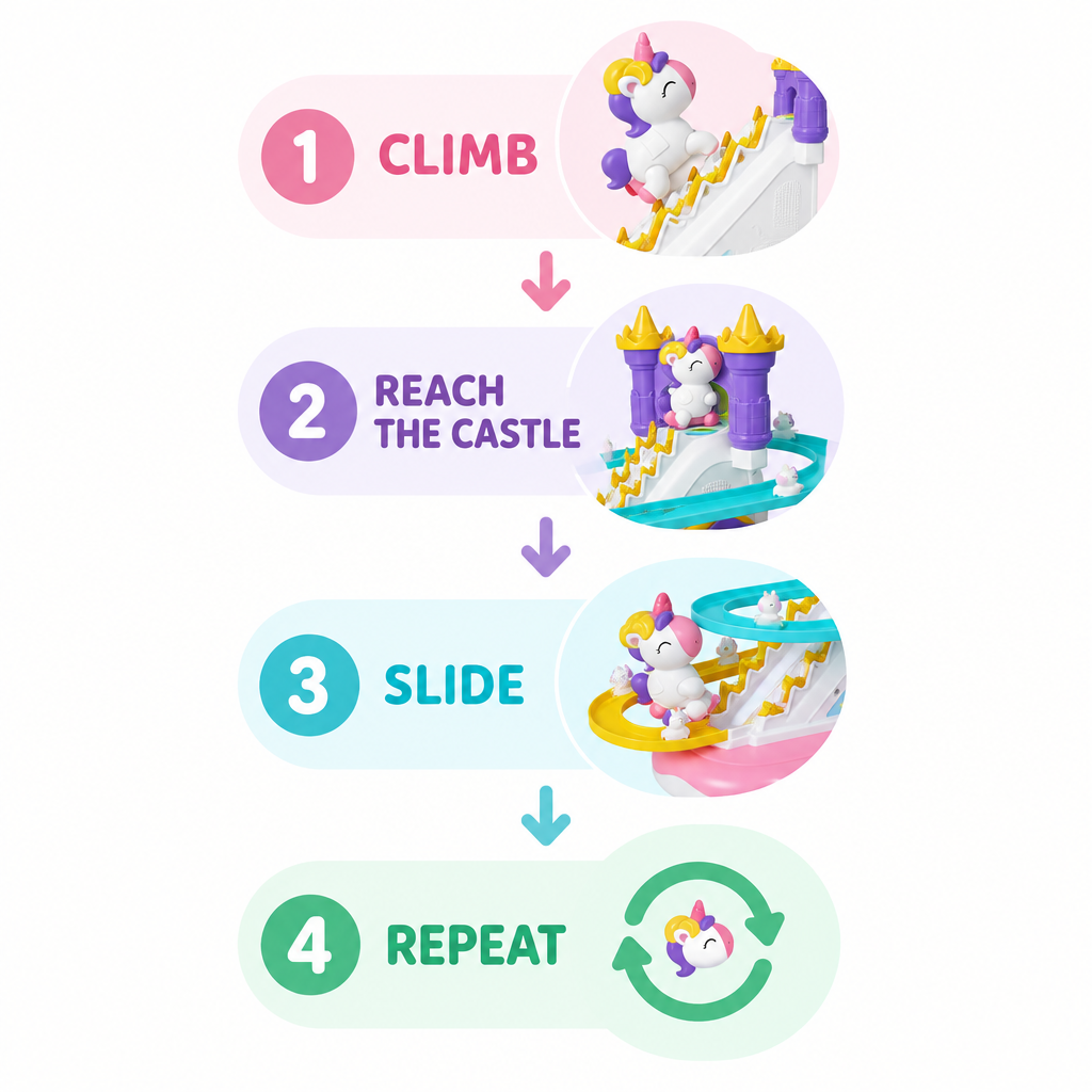Climb, reach the castle, slide, repeat - automatic play cycle
