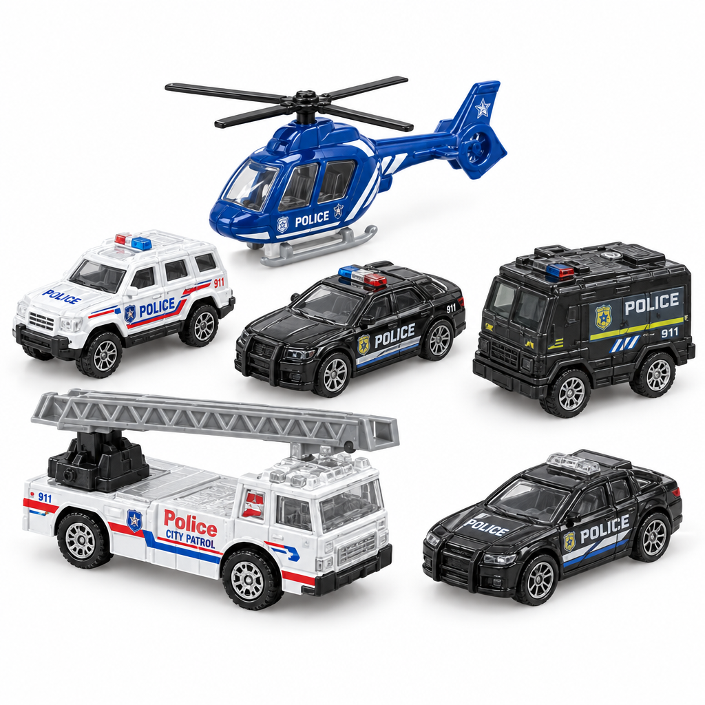 Police toy cars and police helicopter included in the parking garage playset