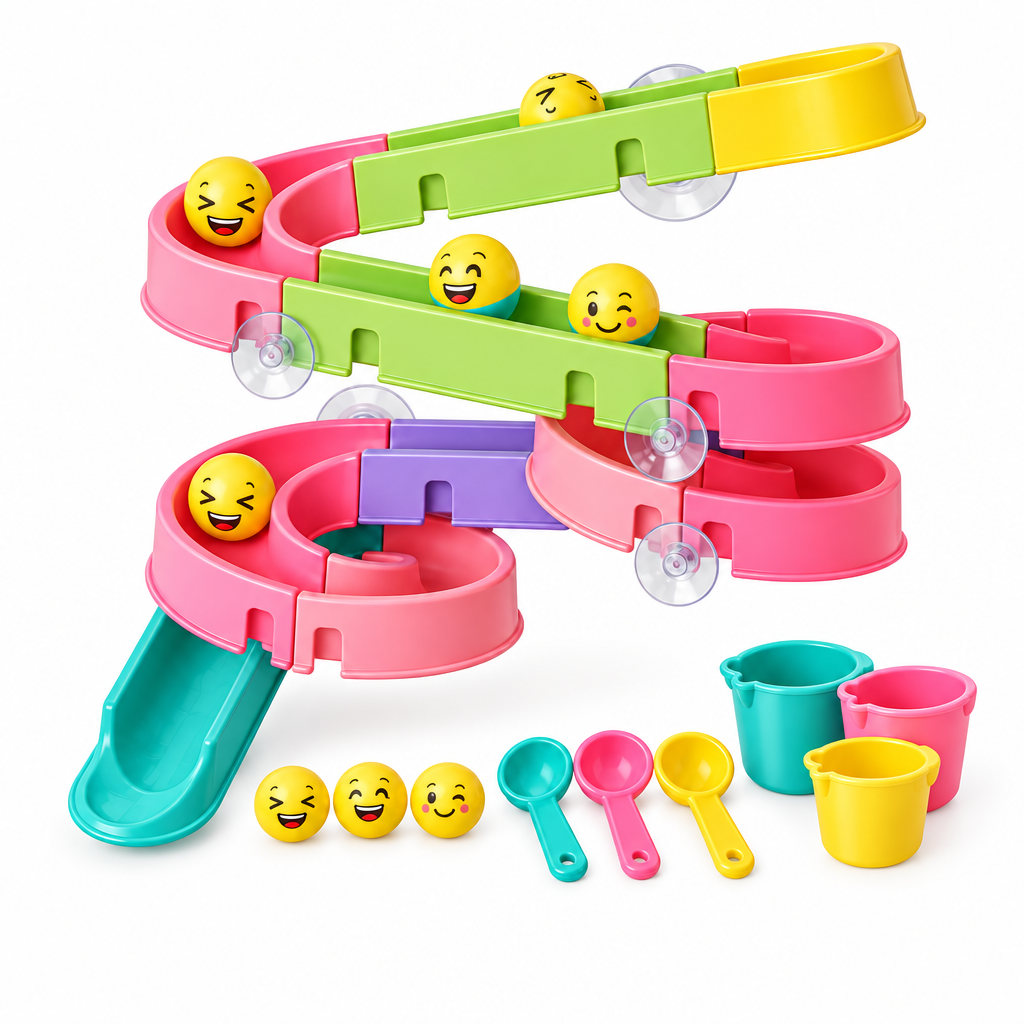 DIY bath track toy set with suction cups, ducklings and cups on white background