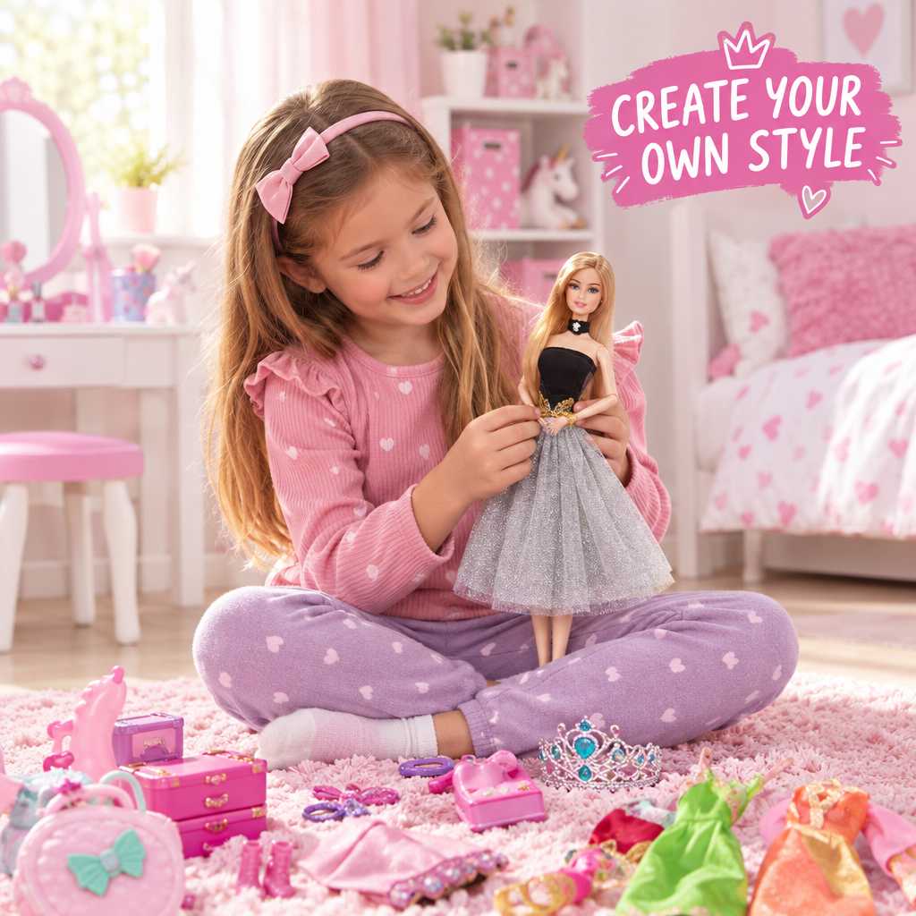 Girl playing with fashion doll dress-up set and accessories