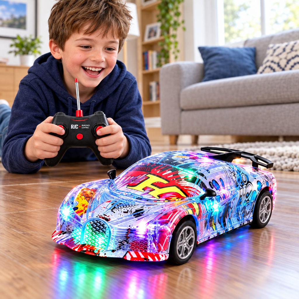 Child driving the RC graffiti sports car with LED lights at home