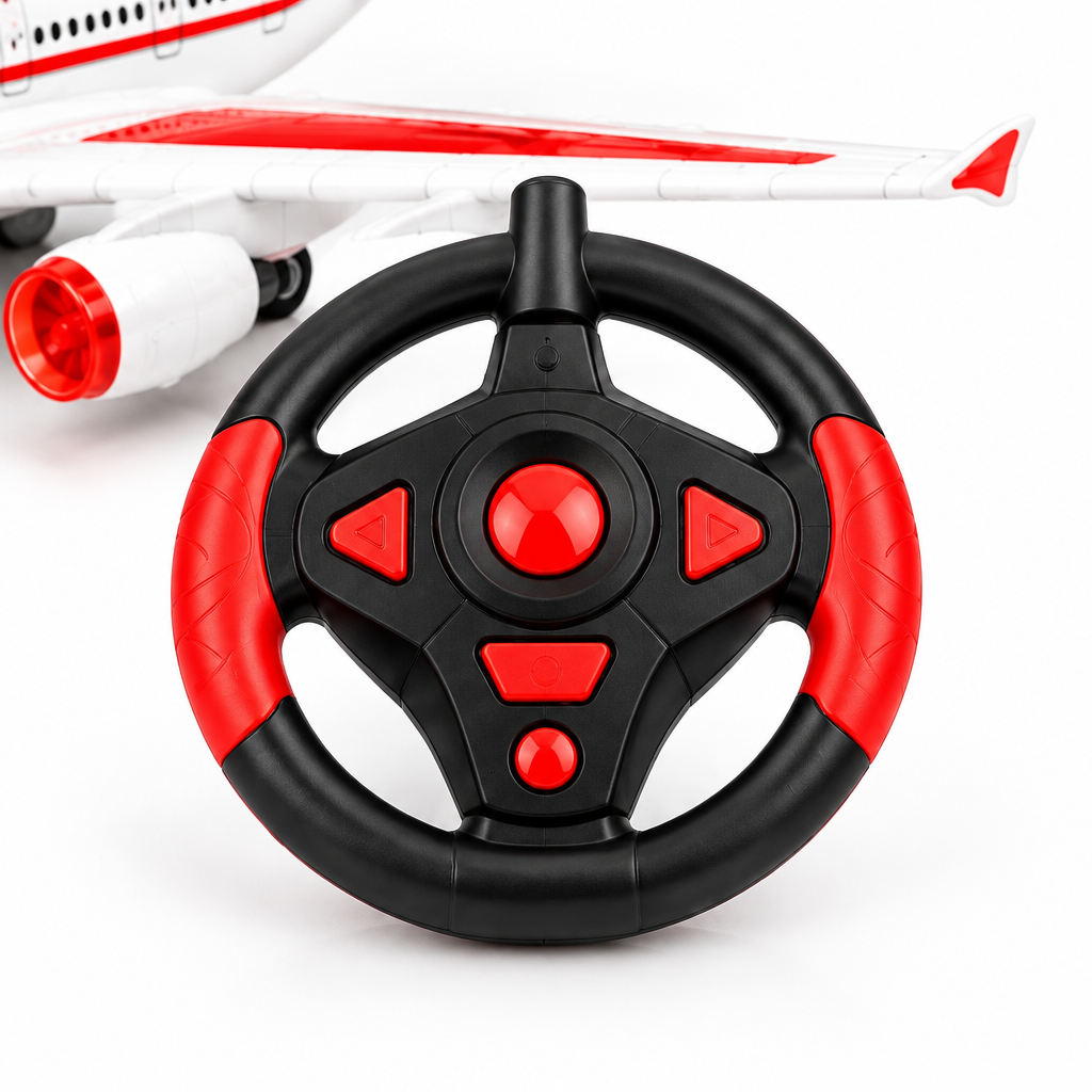 Close-up of the circular steering-wheel remote for the RC aeroplane