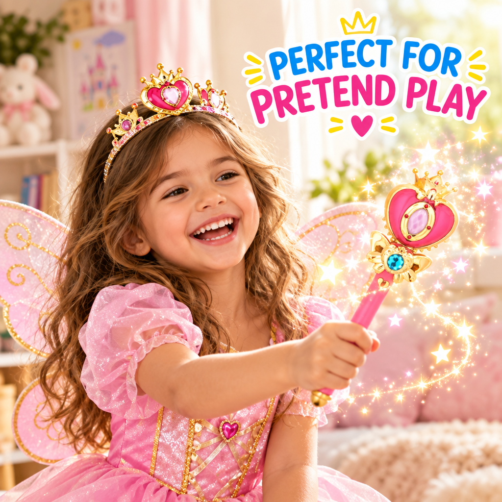 Child in princess costume playing with magic wand