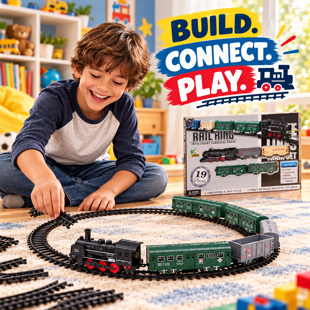 Child playing with electric train set and railway tracks