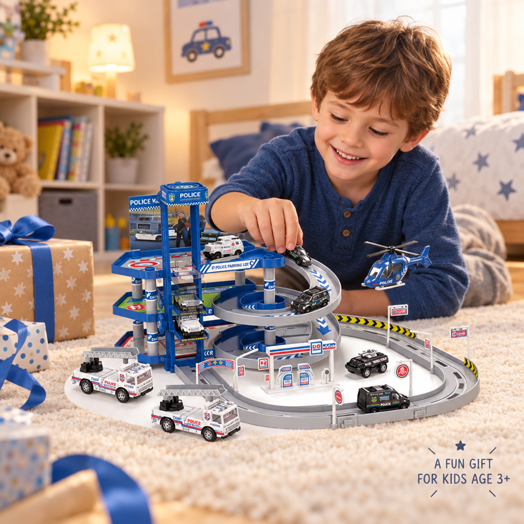 Police parking garage playset presented as a birthday and Christmas gift for kids aged 3 and over