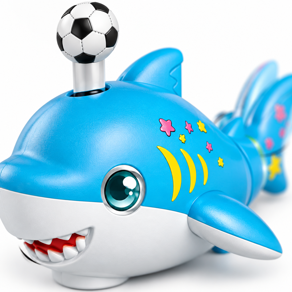 Close-up of friendly shark toy with football detail for kids