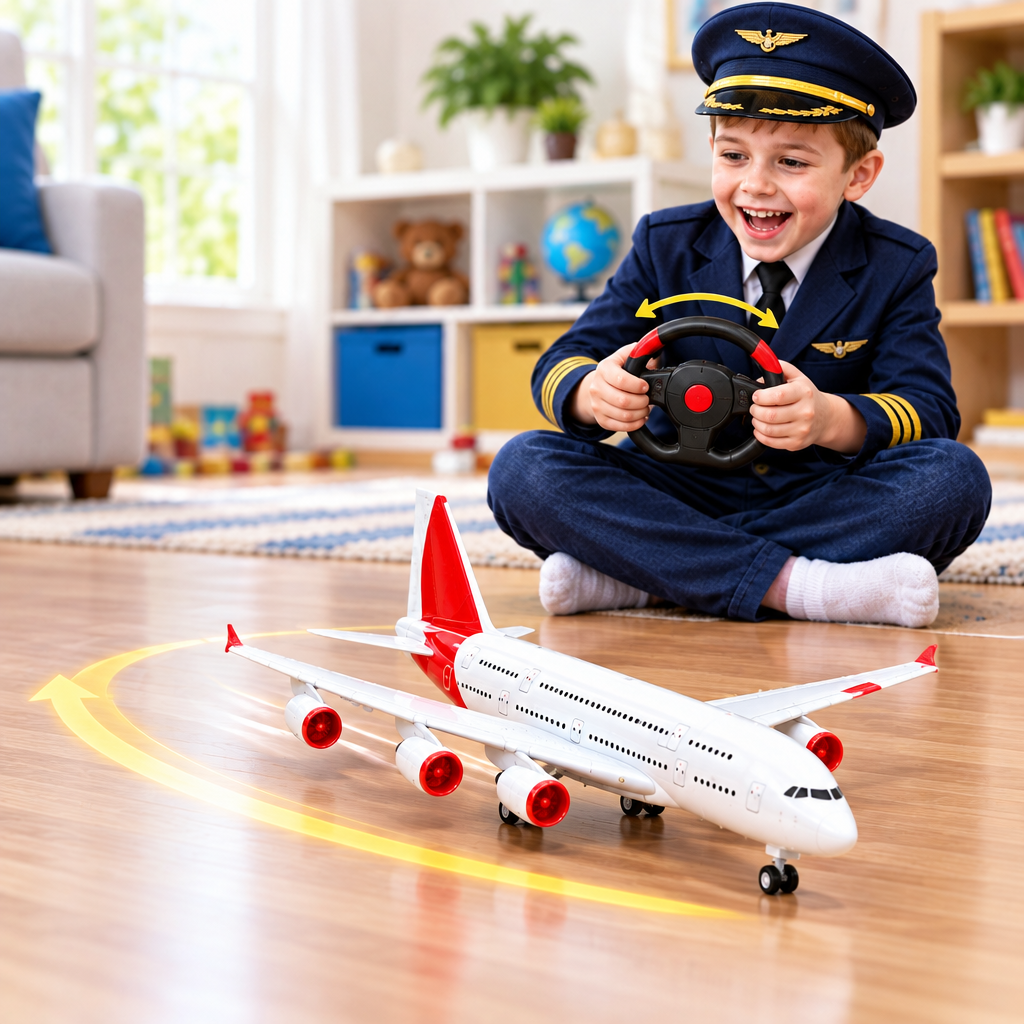 Child turning the steering-wheel remote while the RC aeroplane rolls on an indoor floor
